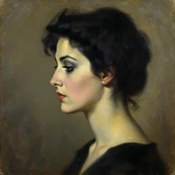 portrait profile of one mysterious dark beautiful women in 1 9 7 8, femme fatale, oil painting by rene gruau