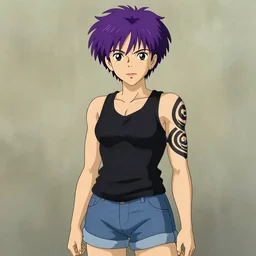 revy black lagoon, purple hair, black tank top, jean shorts, tribal sleeve left arm, portrait shinkai makoto, studio ghibli, studio key, hideaki madhouse anime studio, artgerm, lau rossdraws james jean marc simonetti pixiv