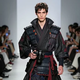 modern high fashion clothing designer inspired by vampires and samurai runway photo canon eos r 7 1 5 0 mm color film camera male model highly detailed intricate