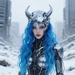 highly detailed portrait of wasteland wavy blue hair metalic frost cyber demon litch helmet thin lady, stray wiring by atey ghailan, james gilleard, by joe fenton, by greg rutkowski, by greg tocchini, by kaethe butcher, 4 k resolution, gradient blue, cyan, black and white color scheme!!! ( ( snowy glaciated robotic dystopian city background ) )