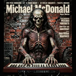 Michael McDonald, heavy metal magazine cover, 1980s, keyboard, atmospheric, realism, horror, grimy, sinister, highly detailed, high octane render, HD, anatomy, symmetrical body, symmetrical face, scary, cracked brick background, in the style of Frank frazetta and moebius, Peter mohrbacher and John William Waterhouse