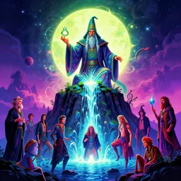 mystical wizard on the mountain near fountain of youth, dramatic bright neon colors, highly detailed, cinematic, synthwave, robert morello, vladimir kush, phillipe druillet, chris foss, roger dean, michael whelan, bruce pennington, bob eggleton, alfred kelsner, kubrick, wojtek suidmak