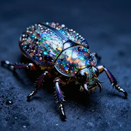 high quality close-up photo scarab!! jeweled pearlescent gorgeous intricate moody blue lighting low angle hd 8k sharp shallow depth of field