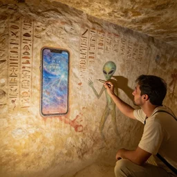 Archaeologists discover cave painting with hieroglyphics depicting modern smartphones and aliens photorealistic