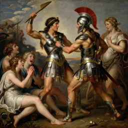 muscular amazon warrior women doing glorious battle in ritualistic combat wearing spartan armor, weeping femboys sitting on the side pleading for peace, neoclassical art