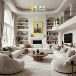 8 k national geographic dslr award winning photo of a elaborate dense living room, unique modern furniture, volumetric lighting, 8 0 s colors, reflections, beautiful wall sculptures, sunbeams, raytracing, very detailed