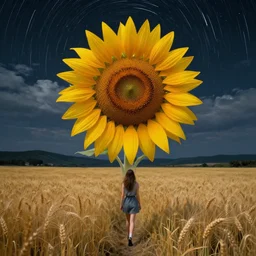 huge sunflower as a face, girl walking in wheat field, hills, surreal photography, dark night, star trails, dramatic light, impressionist painting, clouds, digital painting, artstation, simon stalenhag