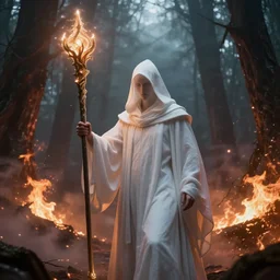 cinematic shot, white hooded mage ( spectre ) holding a huge long staff in the foreground, magic ultimate, dead forest background, fire and smokes, dystopian, 8 k, atmospheric, realistic, by ivan aivazovsky peter mohrbacher greg rutkowski, volumetric light, rimlight, fantasy art, sci - fi art, details visible, unreal engine, octane render
