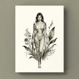 a minimalist poster of a beautiful tattooed goddess of the plants