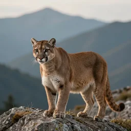 a beautiful close photo of a cougar on top of a mountain, mountains in the background, hyper realistic, natural light, concept art, cozy, atmospheric and cinematic lighting