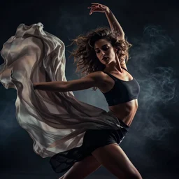 a photorealistic dramatic hyperrealistic render of a glamorous beautiful female dancer by ken brower and deborah ory of nyc dance project, lois greenfield, flowing cloth and smoke, beautiful dynamic dramatic dark moody lighting, beautiful face volumetric, shadows, artgerm, cinematic atmosphere, octane render, 8 k