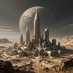 a photorealistic hyperrealistic render of an external scene of an alien city on a deserted empty uninhabitable planet by greg rutkowski, wlop, artgerm, dramatic lighting, strong shadows, volumetric, cinematic atmosphere, octane render, artstation, 8 k