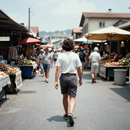 color photo, view from behind, a person walking on the market district, summer, 1 9 9 0 s photograph magazine