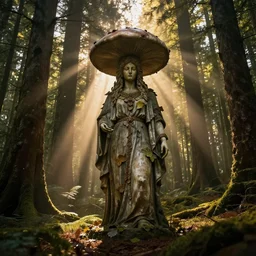 Ancient statue of wise mushroom goddess wearing pagan clothes and leaves lost in the heart of the pristine cedar forest | dramatic light | cinematic lighting | sunshafts, volumetric lighting | golden hour | style of donato giancola