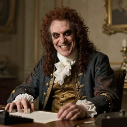 music producer wearing clothes in the style of directoire style, photograph, grinning, creepy,