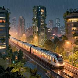 beautiful city at night with futuristic trains, metro, technology, utopia, houses, skyscraper overgrown with trees and plants. raining at night with light pole illuminate the patch, nice color scheme, warm colour. beautiful artistic digital artwork by artist lurid. ( 2 0 2 2 ), gediminas pranckevicius