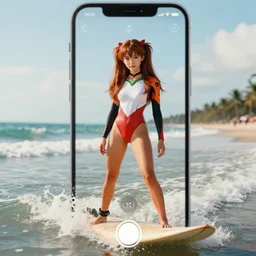 dreamy tiktok iPhone photo of beautiful Asuka Langley from evangelion as a surfer in Florida, 35mm, cinematic, trending on Instagram, Asuka as a surfer model, 8k, 4k