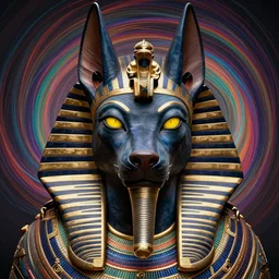 close up portrait of sinister anubis, egyptian symbolism, fair olive skin, yellow pupils, sneering moroccan man by artgerm, cushart krenz, greg rutkowski, mucha. art nouveau. gloomhaven, swirly vibrant ripples, moody colors, sharp edges. ultra clear detailed. 8 k. elegant, intricate, octane render