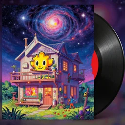 a vinyl on a 8 0 s japanese house by inio asano, beeple and james jean, aya takano color style, 4 k, super detailed, night sky, digital art, digital painting, celestial, majestic, colorful