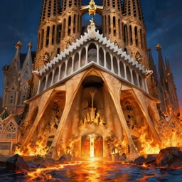 an obsidian Sagrada Família cathedral with a giant obsidian door, in the elemental plane of fire, with rivers of lava surrounding it, Dungeon and Dragon illustration, painted by Greg Rutkowski, 4k, trending on ArtStation