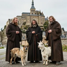 photo of breton monks looking like rasputin on athos, with a dog and a goat