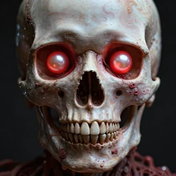 very detailed portrait of skull with pearl red sphere glowing eyes + melting face skin + 4 k hyper details render + by alex grey + fractal mundelbulb intricate design + dramatic lighting + cinematography photography