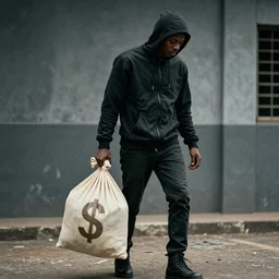 thief carrying bag of money in the style of john muafangejo