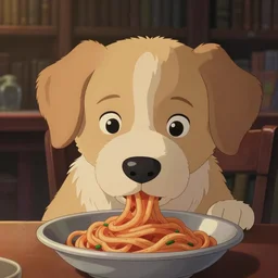 animation still frame of a puppy eating a bowl of spaghetti, high angle closeup portrait, blurry background of the library, disney, pixar, bloom, medium shot, dramatic lighting, in the style of studio ghibli, j. c. leyendecker, greg rutkowski, artgerm
