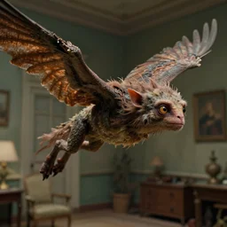 a strange creature flying in the home room, film still from the movie directed by Denis Villeneuve with art direction by Zdzisław Beksiński, close up, telephoto lens, shallow depth of field, beautiful detailed intricate insanely detailed octane render, 8K artistic photography, photorealistic