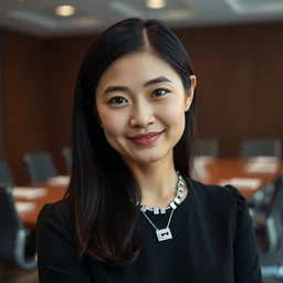 a portrait photograph of a smug young woman executive in a board room, wearing a black dress and silver necklace, black hair, dof, sharp focus, slight smile, pale, highly detailed face, symmetric face, 4 k, cinestill 8 0 0 t, exif, raw, photography by andreas franke