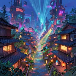 a beautiful japanese city in the mountain, amazing ryokans and gorgeous edo era houses, yokai characters all around. epic cyberpunk. visible pipes, lanterns, lofi vibe, colorful, vivide colors, amazing light, light beams with dust, really mesmerizing nature, by jeremy lipkin, by claude monet, by makoto shinkai, futuristic city, inspired by ghibli, masterpiece, beautiful