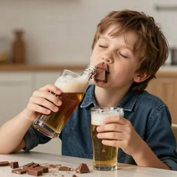 a kid, drunk off chocolate, holding a beer filled with chocolate