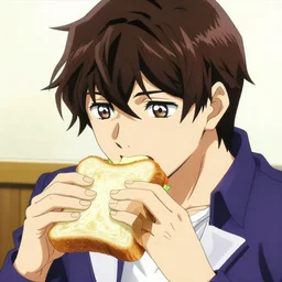 chie satonaka eating a huge sandwich, persona 4, shigenori soejima illustration