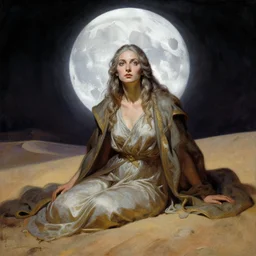conjecture of wise old beautiful woman Desert Spirit, under unresolved evil moon illusion, in the style of Frank Frazetta, Jeff Easley, Caravaggio, extremely clear and coherent, clear lines, 8K revolution