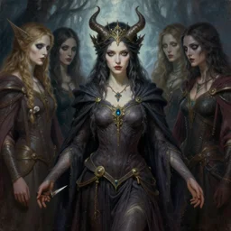 beautiful female wizard, daughter of death, surrounded by followers, featured on artstation, 8k highly detailed, intricate oil painting, concept art