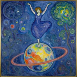 a beautiful painting of a musical hermit, dancing on top of spinning planet, intricate details, fauvism art style, by marc chagall and louis valtat.