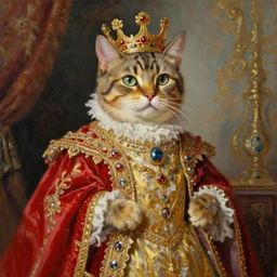 the royal king's cat by greg hildebrant lisa frank fancy rococo baroque regal feline oil painting high quality award winning clothed in fancy garb