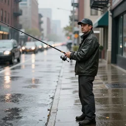portrait of a man fishing in a rainy new york street, photograph, magazine, press, photo