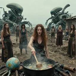 she makes the deep boil. dark fantasy about casually - dressed women with male humans in dirty seaside town, a globster, and beautiful song. color!! cinematic still from a 2 0 1 1 action - packed hunting!!! hybridizing!! alien - robot invasion science - fiction movie by h. r. giger. assimilating alien military vehicles and weapons.