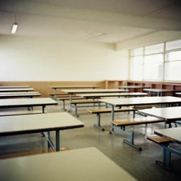 Empty school cafeteria, grainy photograph, liminal space