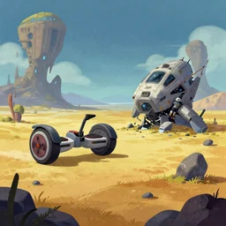 a hover bike next to a crashed spacecraft, on an alien landcape, from a space themed point and click 2 d graphic adventure game, art inspired by thomas kinkade