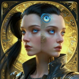 cyberpunk full shot, detailed profile, very detailed, cgsociety, artstation, female, clean, symmetry, blue eyes, nice clothing, intricate, impossible beauty, golden ratio, eye implant bionic, ponytail, staring in the void, art by krenz cushart and artem demura and alphonse mucha