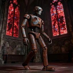 angled shot from the left of a rusted android walking across a dimly lit gothic cathedral with red stained glass windows, cinematic, concept art, detailed, dark