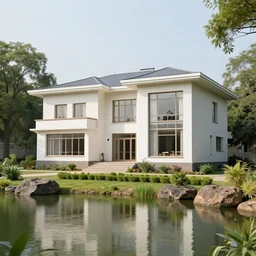 a beautiful soviet architecture house with large windows and garden, on a lake, surrounded by trees and rocks, in central india, 1 9 9 0 s, by alex webb, by gregory crewdson, featured on architecture daily, shot on large format film, grainy, cinematic composition, beautiful volumetric lighting, no frames