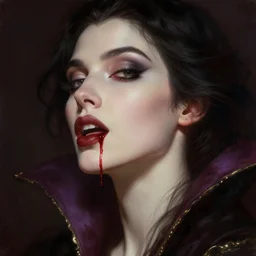 portrait of a sexy female vampyre with blood trickling from the side of her lips, mouth parted, intricate, elegant, highly detailed, digital painting, artstation, concept art, smooth, sharp focus, illustration, art by artgerm and greg rutkowski and alphonse mucha and william - adolphe bouguereau