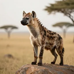 anthromorphic hyena standing on a rock looking out at the savana, anthromorphic art, furaffinity, realism,
