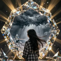 a young girl with flowing black hair and chequered robe is watching a storm inside a symmetrical fantasy crystal. atmospheric, 4 k, highly detailed. surrounded by golden rays of light