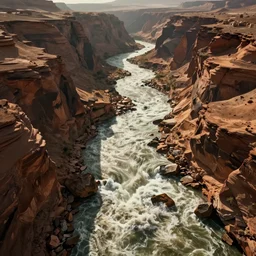 a photorealistic hyperrealistic render of a raging river in a desert canyon, view from above, by greg rutkowski, wlop, artgerm, dramatic lighting, strong shadows, volumetric, cinematic atmosphere, octane render, artstation, 8 k
