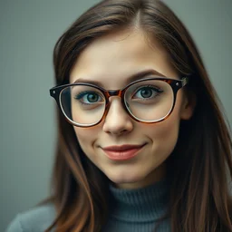 a portrait photograph of a nerdy young woman with big glasses, dof, sharp focus, slight smile, highly detailed face, symmetric face, realistic iris, cinestill, exif, raw, photography by paolo roversi