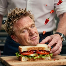 gordon ramsey putting a human head in a sandwich, chillis fall from the sky, cinematic, hdr, 4 k, ultrarealistic, trending on artstation, trending on deviantart